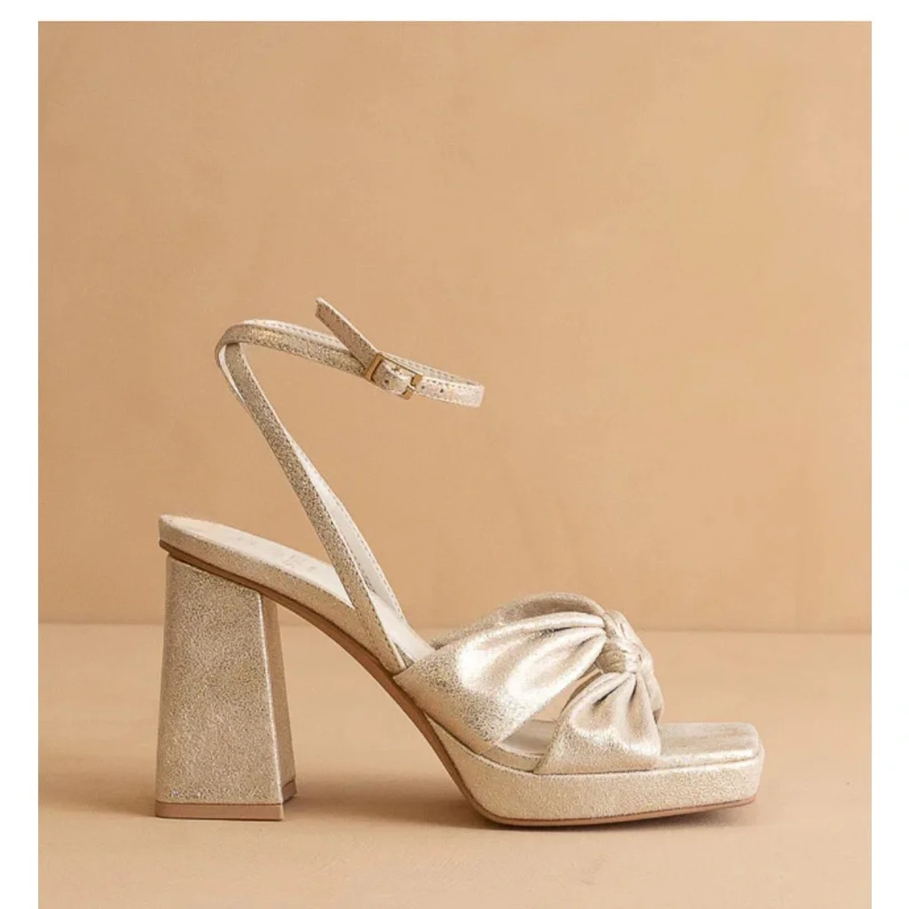 Metallic Gold Knotted Platform Sandals with Ankle Strap